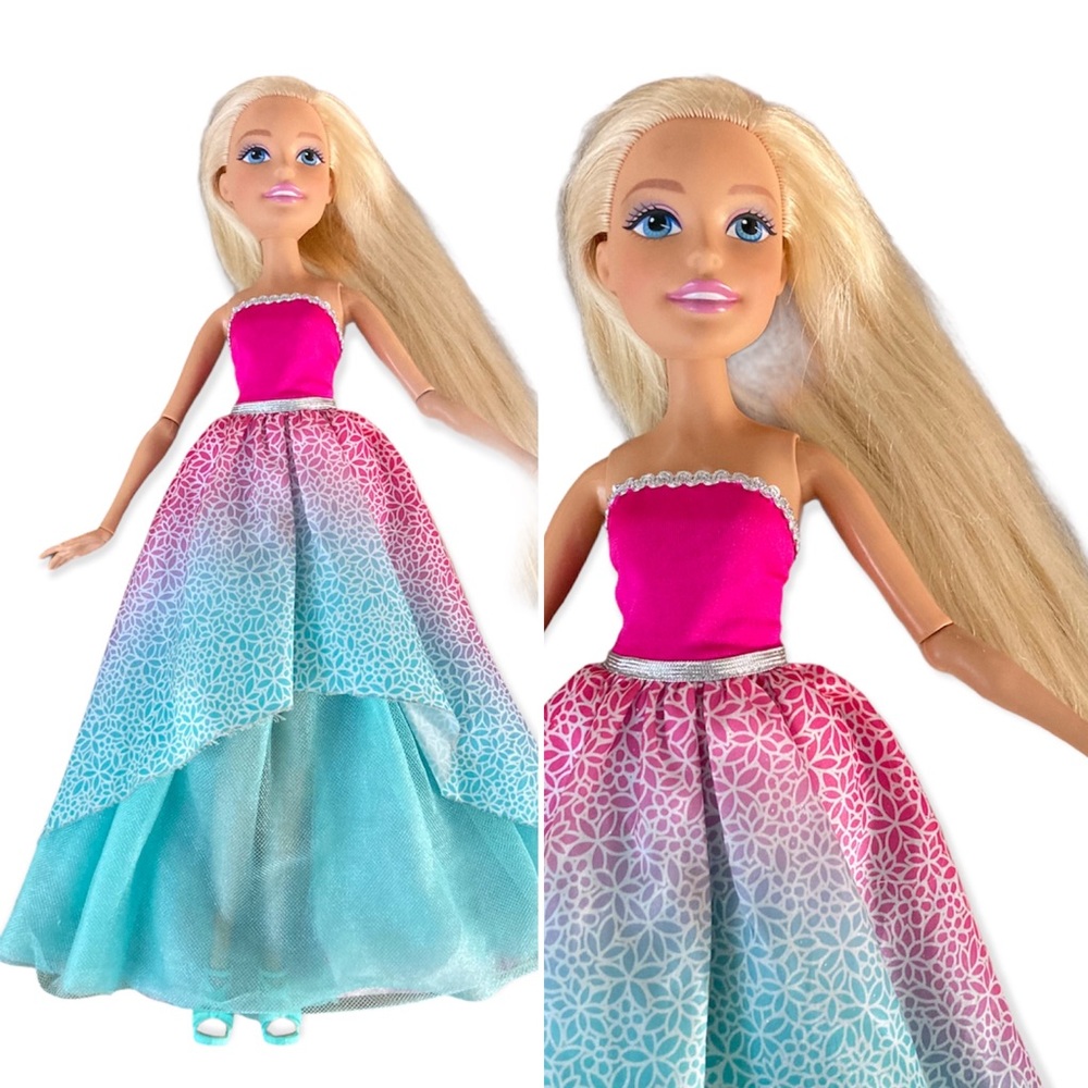 Large Barbie Doll Toy 17.5” Blonde Hair Princess gown Fuchsia Aqua Blue